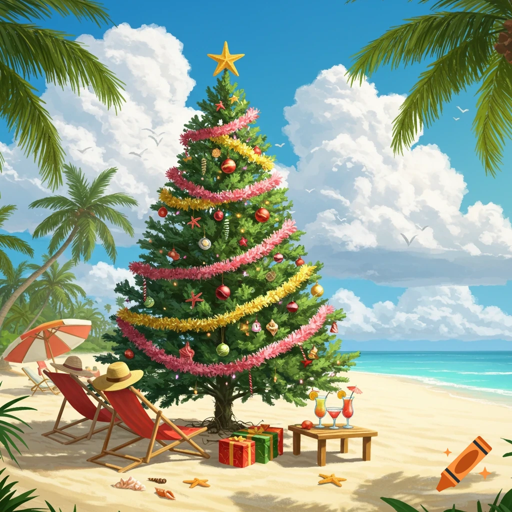 A decorated Christmas tree stands on a sunny tropical beach next to beach chairs, presents, and drinks, with palm trees and the ocean in the background.