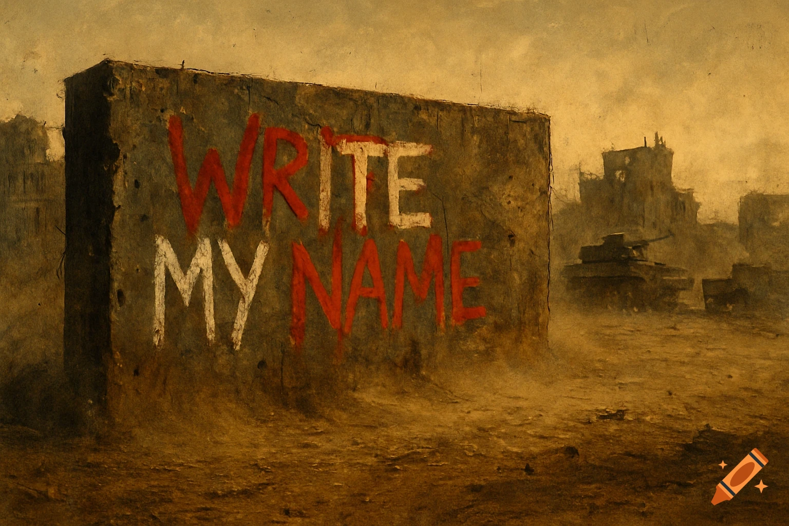 A desolate, dusty warzone with a concrete wall spray-painted with 'WRITE MY NAME' in red and white, a tank, and ruined buildings.
