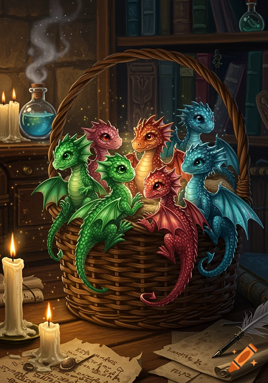 A basket filled with colorful baby dragons sits on a wooden table with lit candles and old books in a magical, cozy room.
