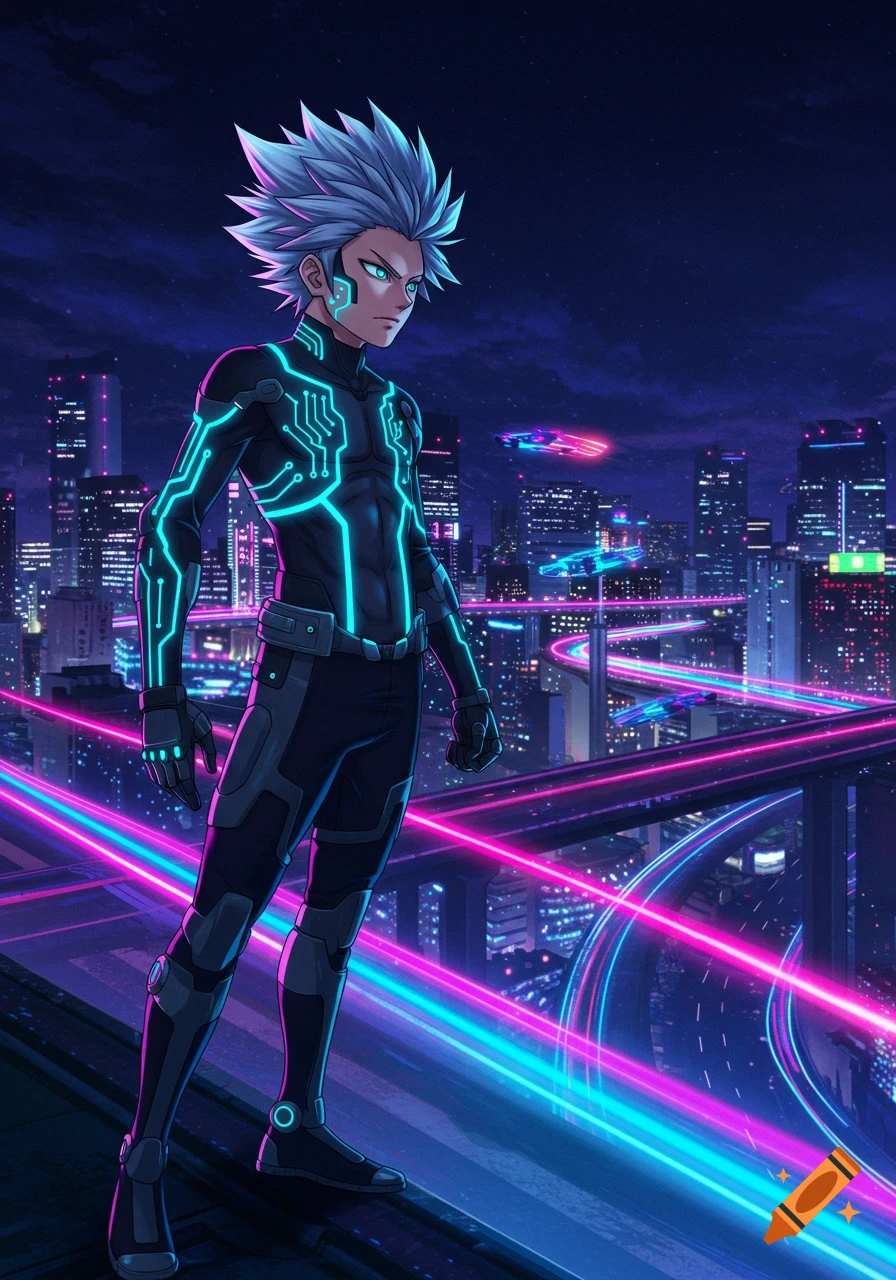 An anime character with spiky white hair and a glowing circuit suit stands on a rooftop overlooking a neon-lit futuristic city with flying vehicles.