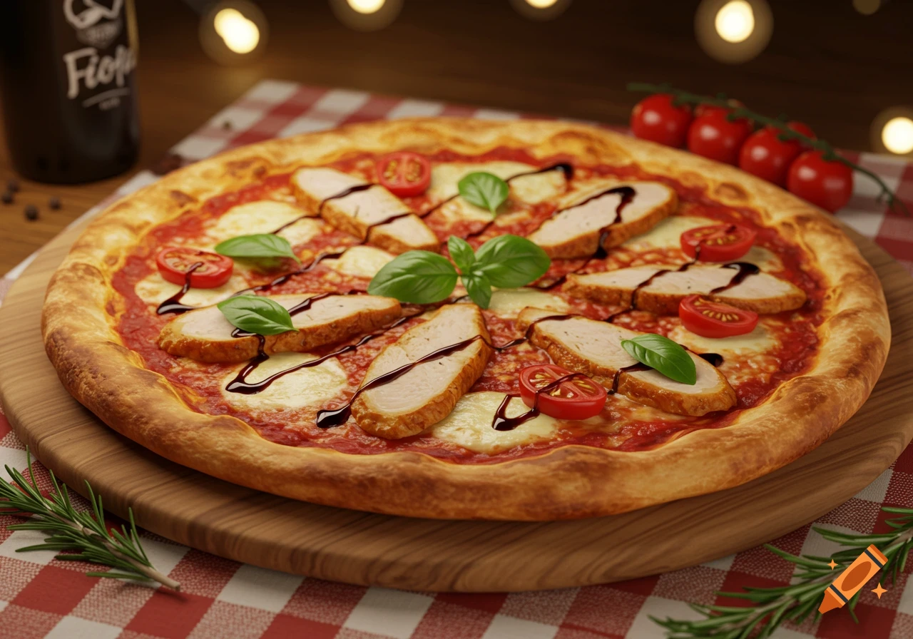 A photorealistic pizza with chicken slices, mozzarella, basil, and cherry tomatoes on a wooden board.