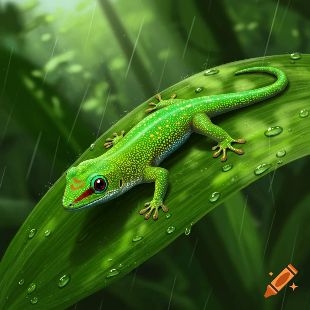 Vibrant green gecko with red markings on a wet leaf in a rainy, lush green environment.