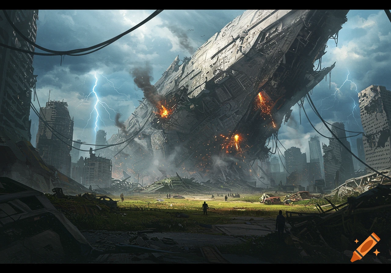 A colossal crashed spaceship lies amidst the ruins of a city under a stormy sky with lightning, as small figures navigate the debris-strewn landscape.