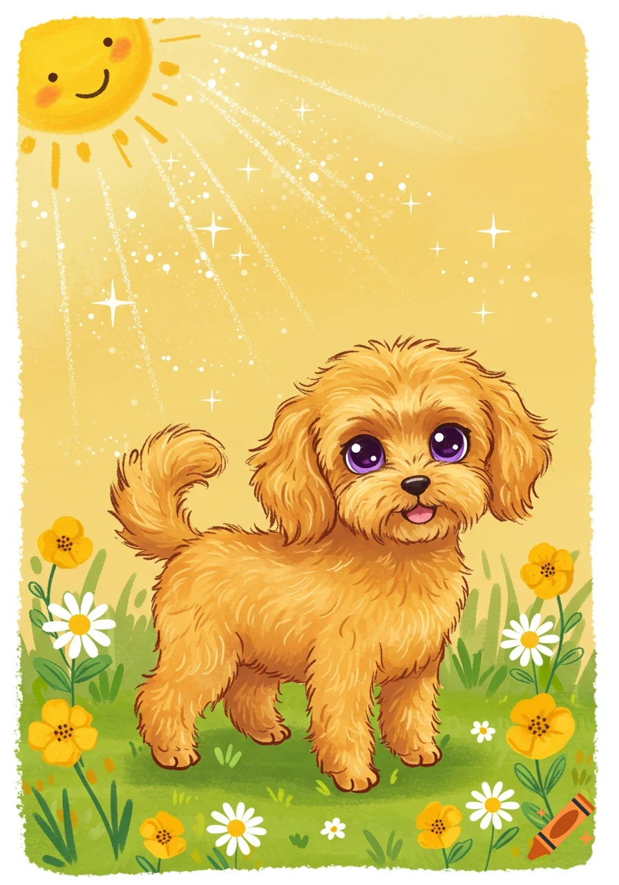 A cute golden spoodle dog with big purple eyes stands in a sunny cartoon field with yellow and white flowers.