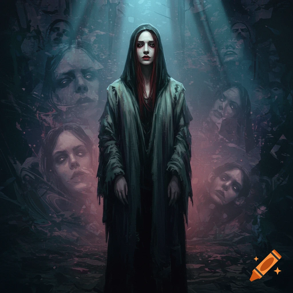 A solemn figure in a dark hooded cloak stands, surrounded by ethereal, distressed faces emerging from the shadows in a gloomy, painterly style.