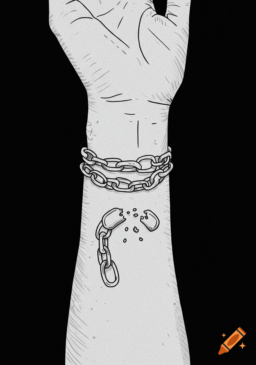 A black and white line drawing of a wrist with two chains wrapped around it, and a broken chain dangling below, with fragments scattering.