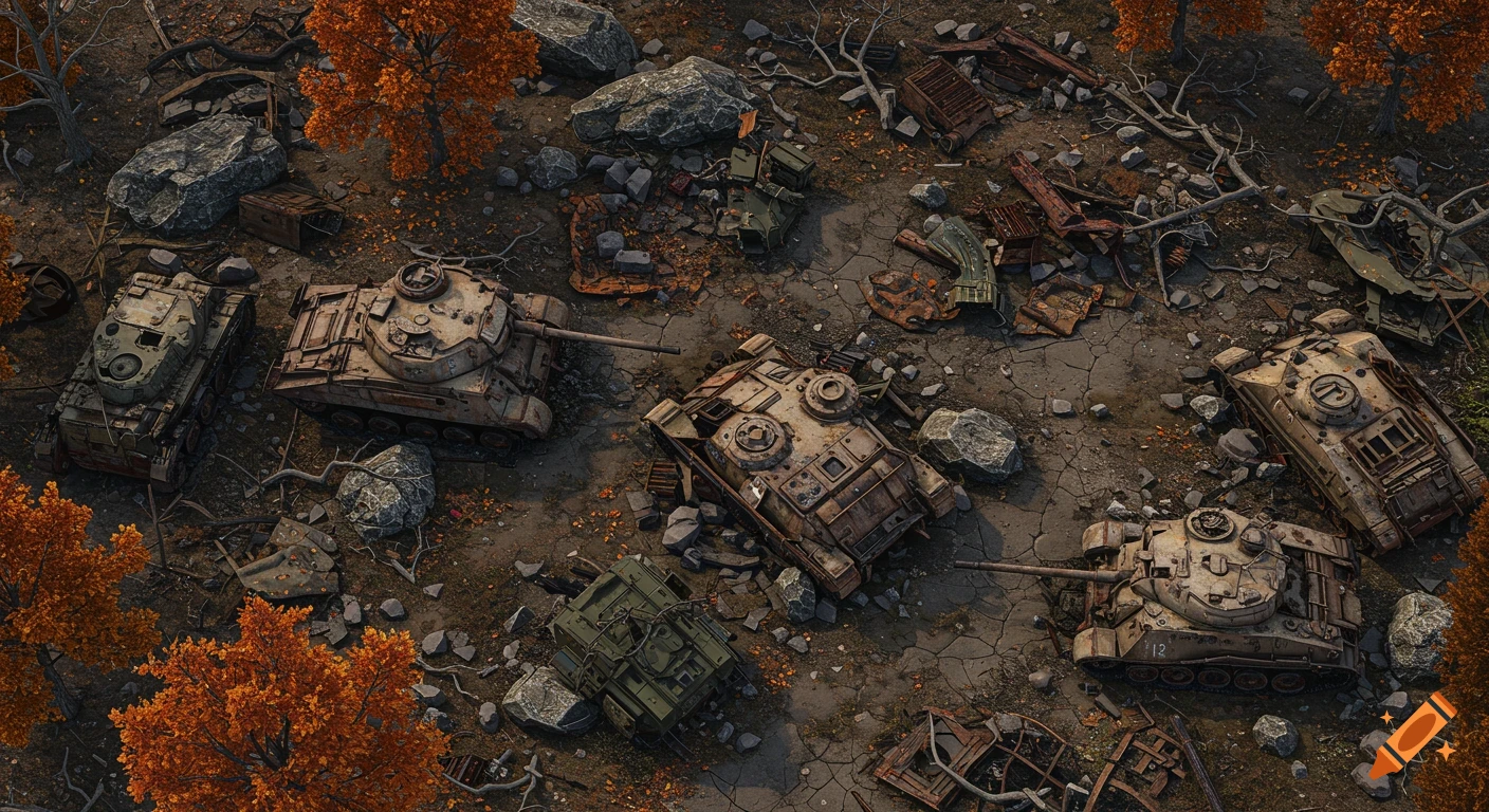 An overhead view of a desolate battlefield with several destroyed tanks and vehicles amidst rocks, rubble, and autumn trees. The scene is highly detailed and photorealistic.