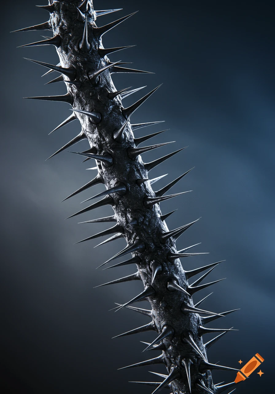 A dark, textured rod densely covered in sharp, pointed spikes against a blurry dark background.