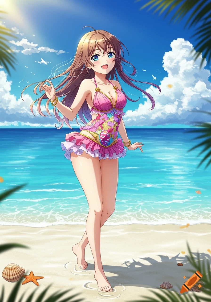 Anime girl in a pink ruffled bathing suit walking on a sunny beach with clear blue water and palm fronds.