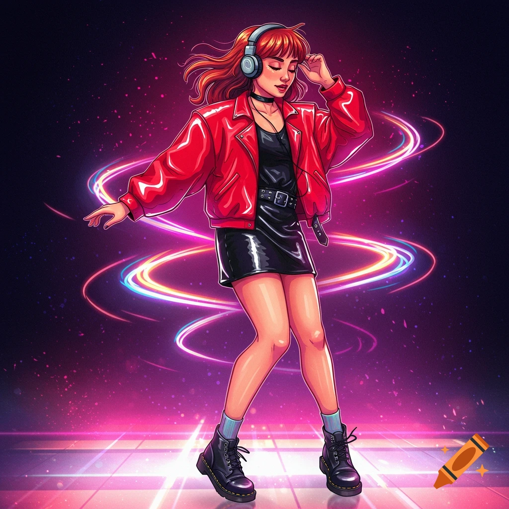 A red-haired woman with headphones dances in a red jacket and black skirt amidst swirling neon lights in a digital art style.