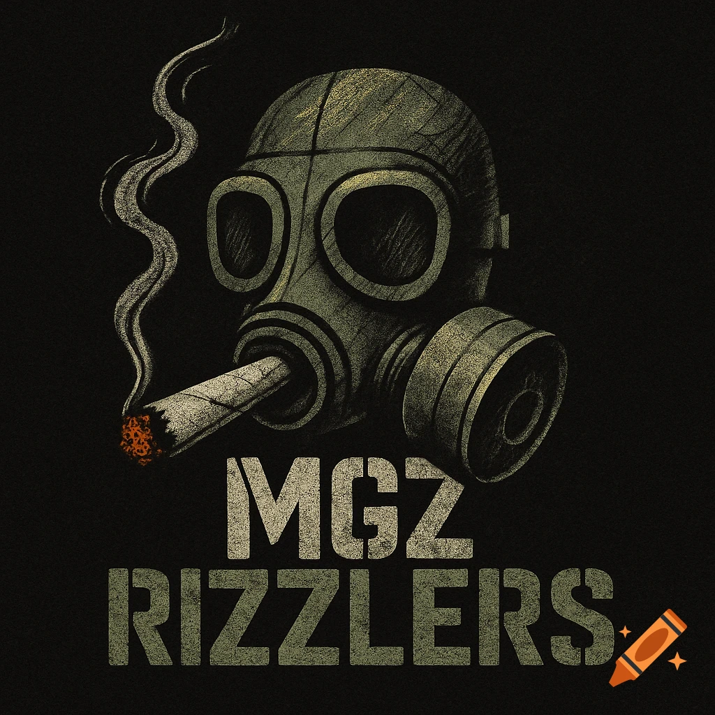 Gritty logo design of a gas mask smoking a lit joint, with 'MGZ RIZZLERS' text below, in a textured, dark style.