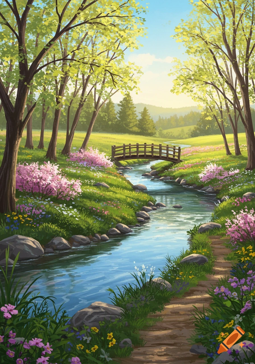 Vibrant spring landscape with a winding stream, wooden bridge, green trees, and colorful flowers under a bright sky.