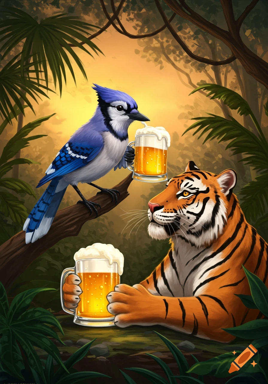 A stylized blue jay on a branch and a tiger on the ground holding and drinking mugs of frothy beer in a lush jungle setting.
