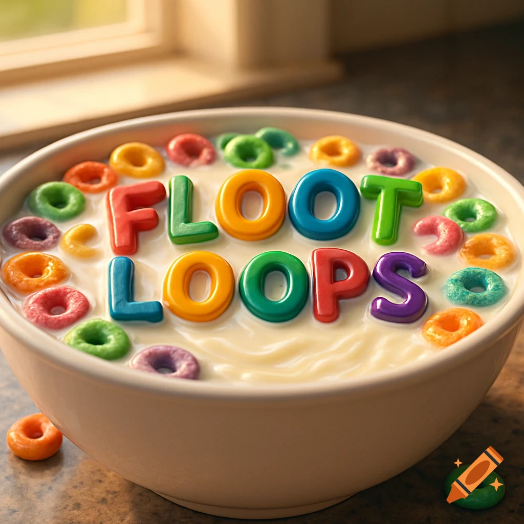 A close-up of a white bowl filled with milk and colorful cereal loops, with some forming the words 'FLOOT LOOPS' in the center.