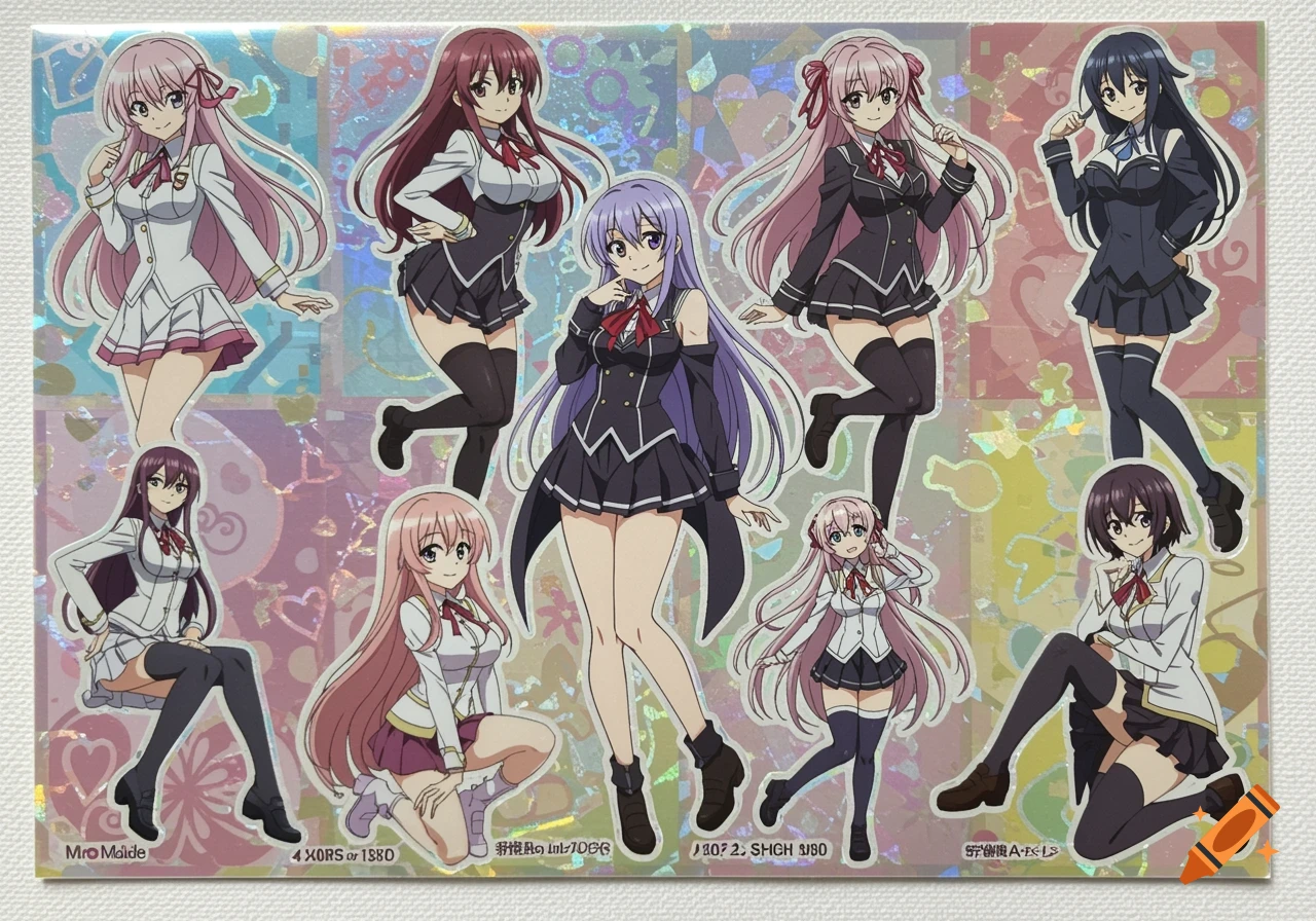 Anime sticker sheet with multiple female characters in various school uniforms on a glittery background.