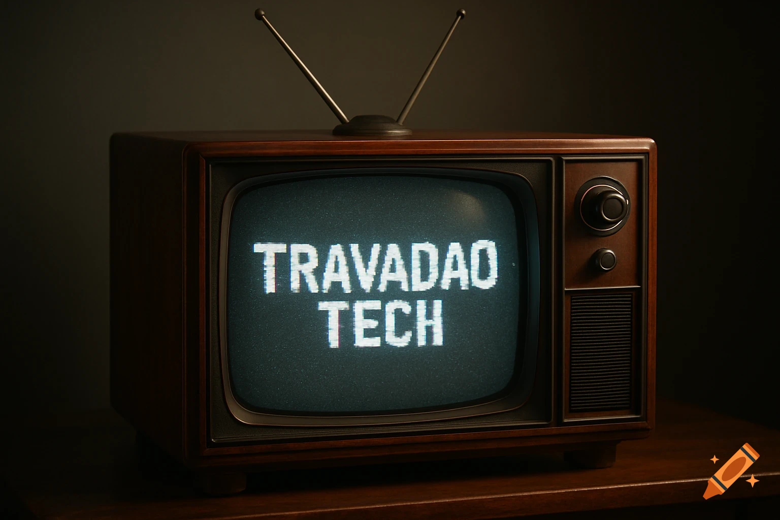 An old wooden television set with antennas displays "TRAVADAO TECH" in a pixelated glitch font on its screen.