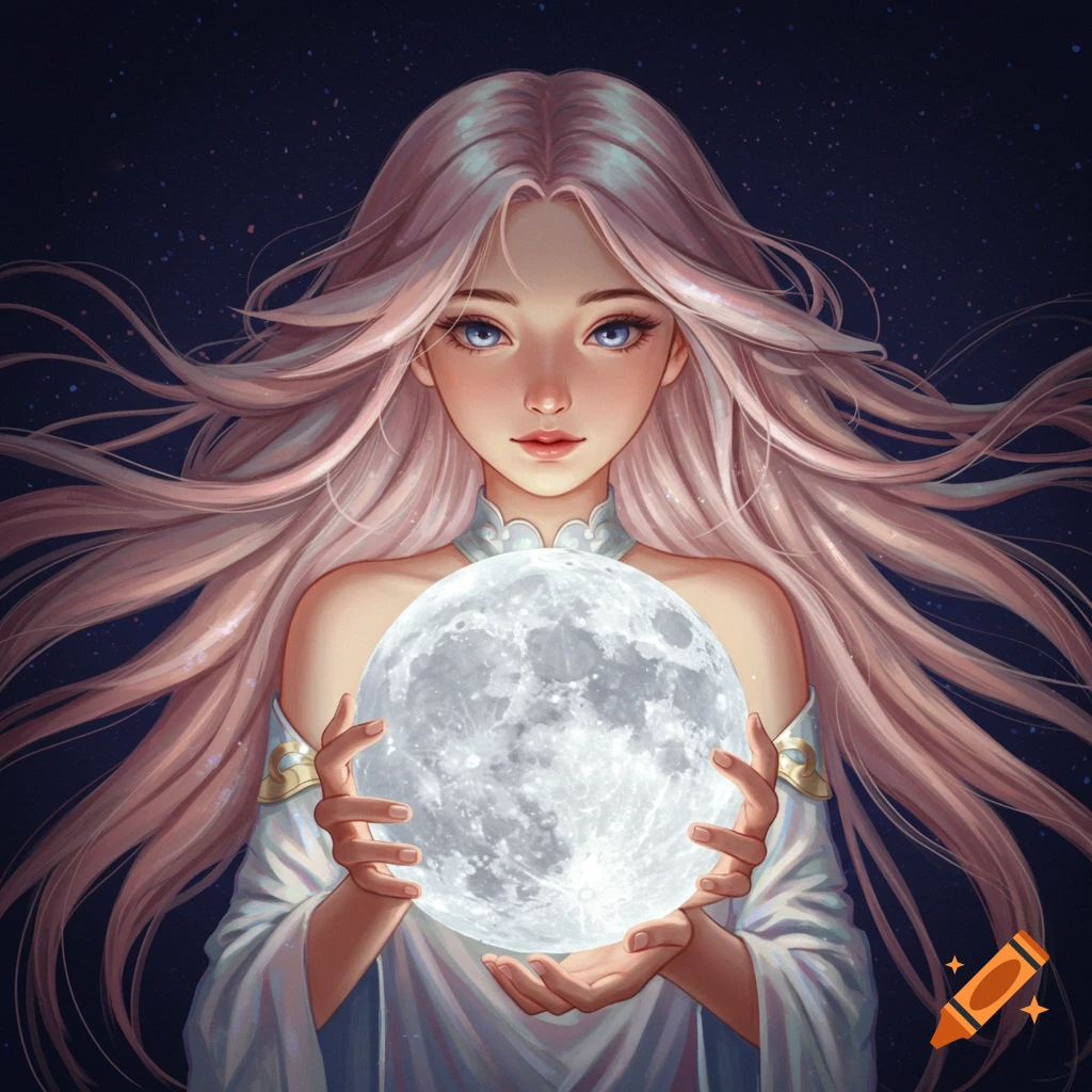 Anime girl with long pink hair holding a glowing moon against a starry night sky.