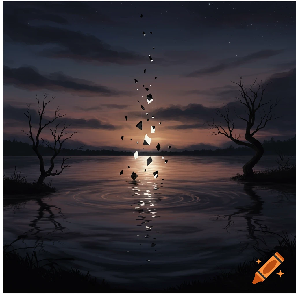 Twilight landscape with a lake, two bare trees, and reflective fragments falling into the water, creating ripples.