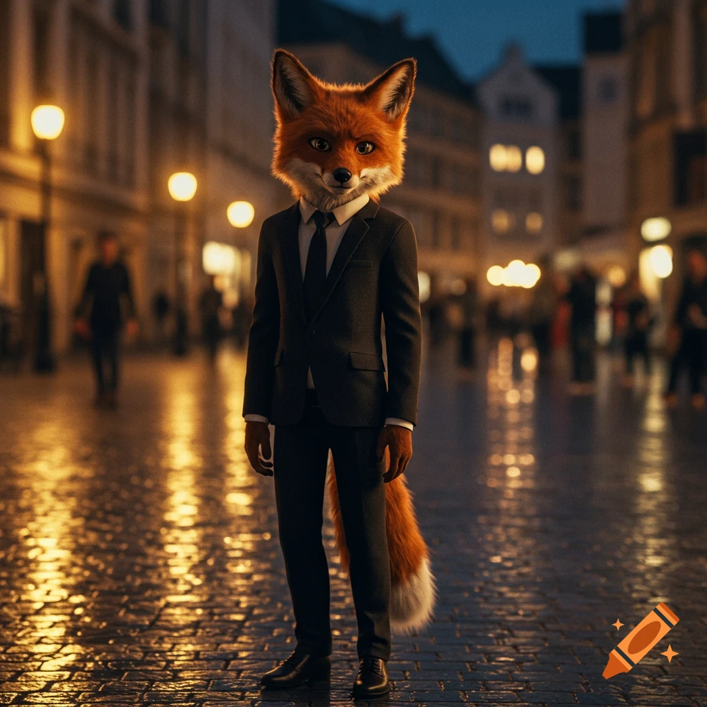 A photorealistic image of an anthropomorphic fox in a suit standing on a wet, cobblestone city street at night.