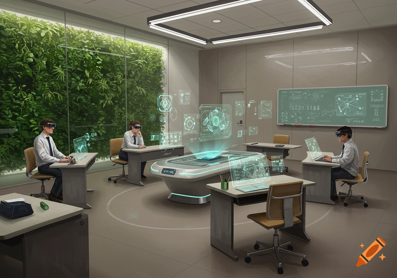 People in a futuristic classroom with VR headsets interacting with holographic displays and a green wall.