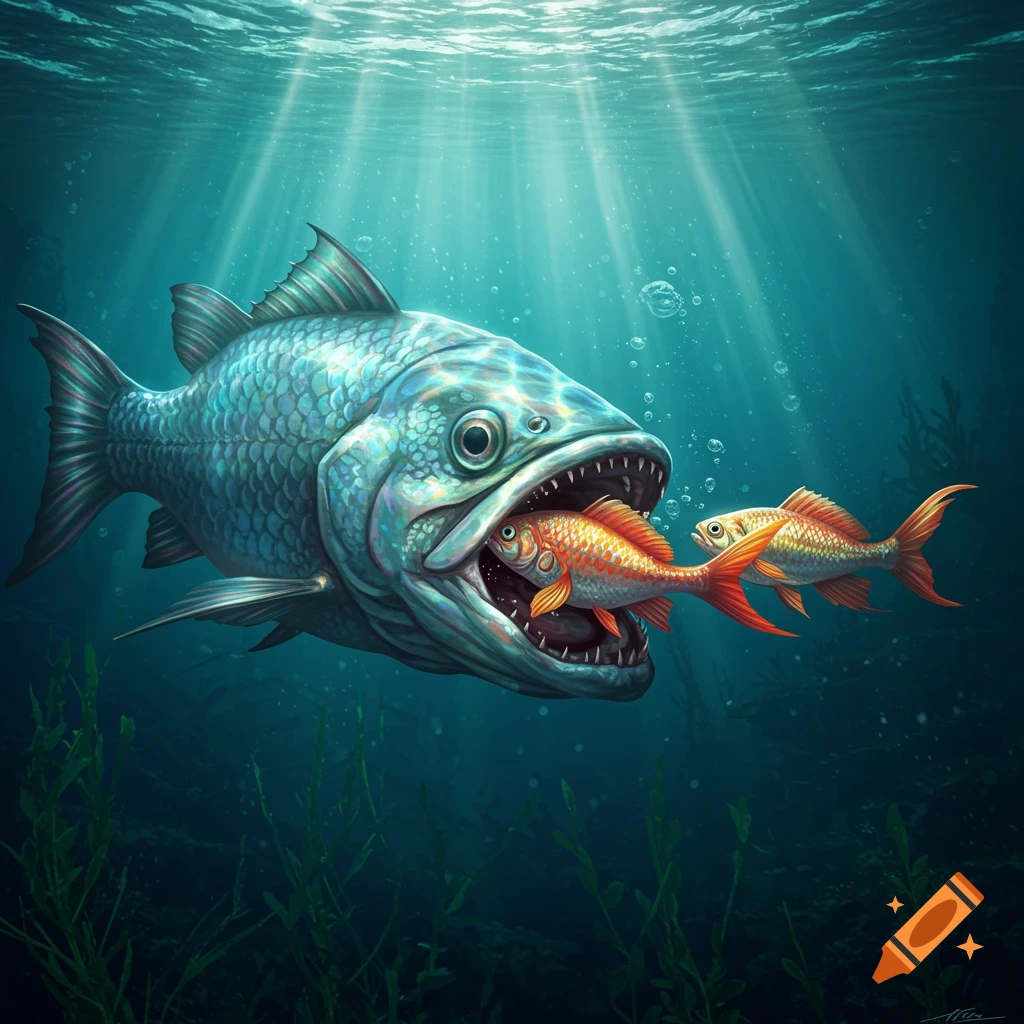 A large blue fish attempts to eat a smaller orange goldfish, while another goldfish swims nearby, all underwater with sunlight streaming down.