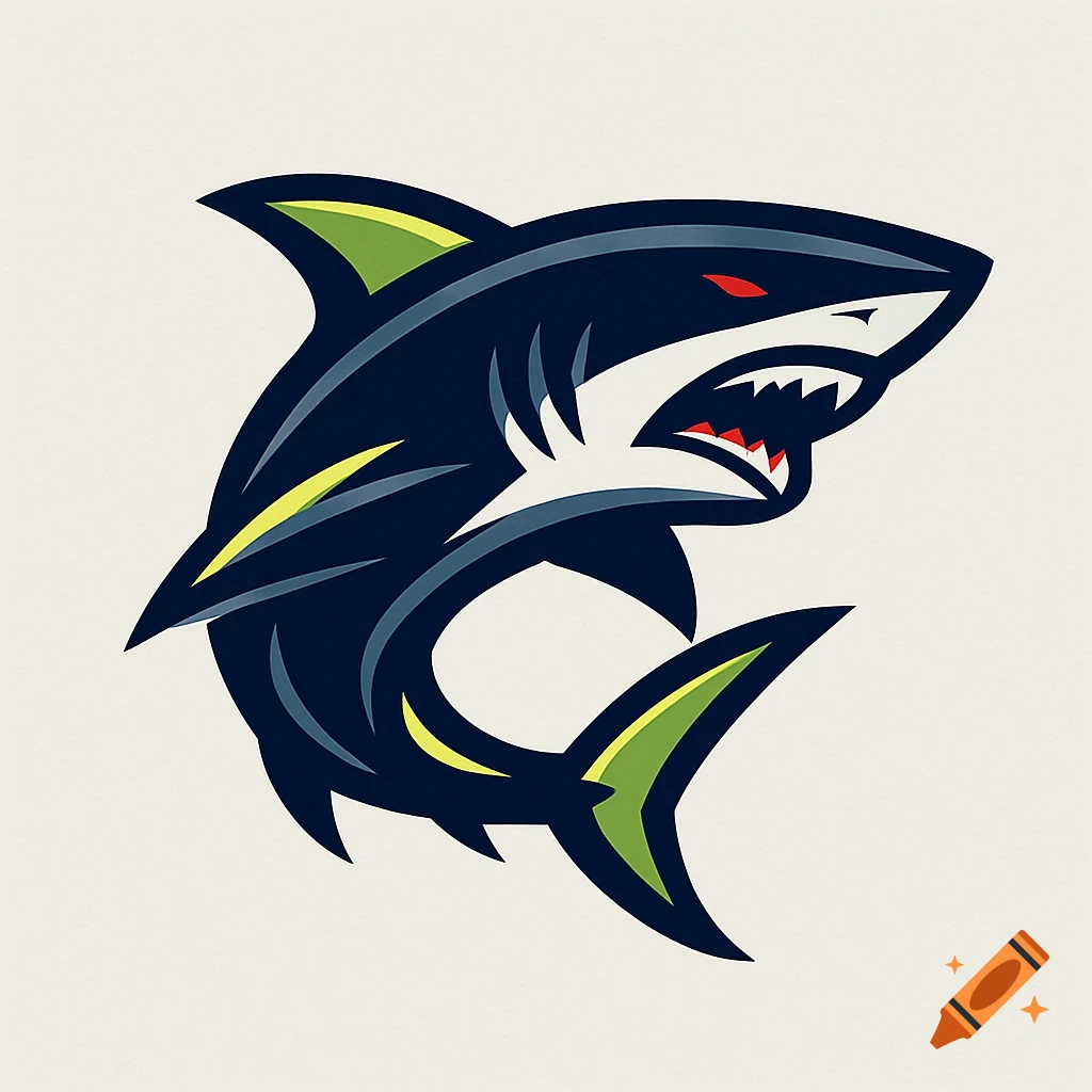 A stylized navy blue shark logo with red eyes and an open mouth.