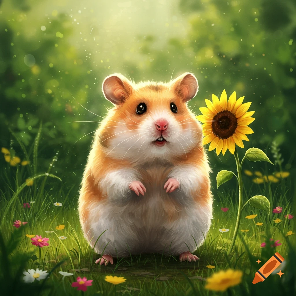 A cute fluffy hamster with big eyes stands in a vibrant green field next to a bright yellow sunflower.