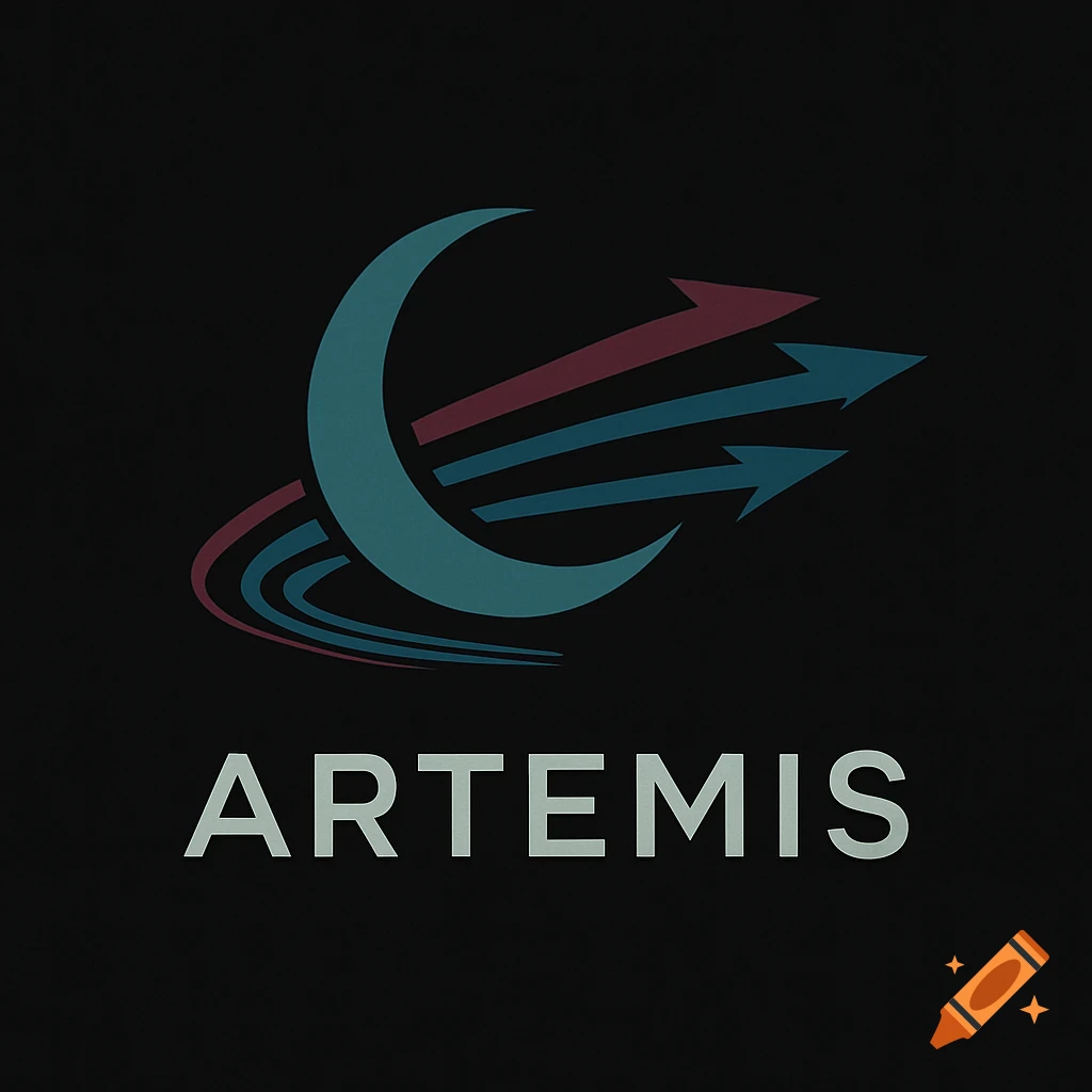 A logo featuring a teal crescent moon with burgundy and blue arrows and arcs. The word ARTEMIS is below it.