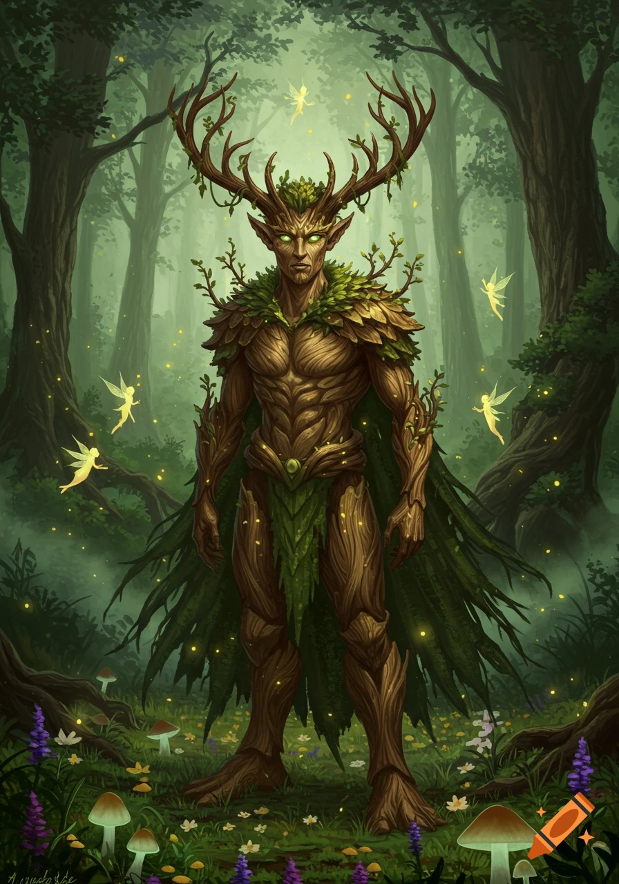 A majestic male faun druid with antlers and leafy armor stands in an enchanted forest with glowing fairies.