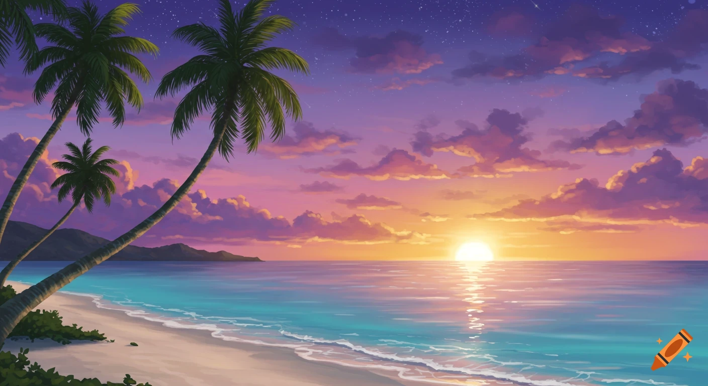 A vibrant sunset over a tropical beach with palm trees and a clear blue ocean.