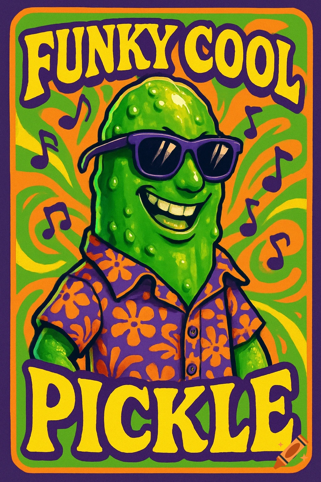 A cartoon pickle in sunglasses and a Hawaiian shirt with musical notes and psychedelic patterns, saying 'FUNKY COOL PICKLE'.