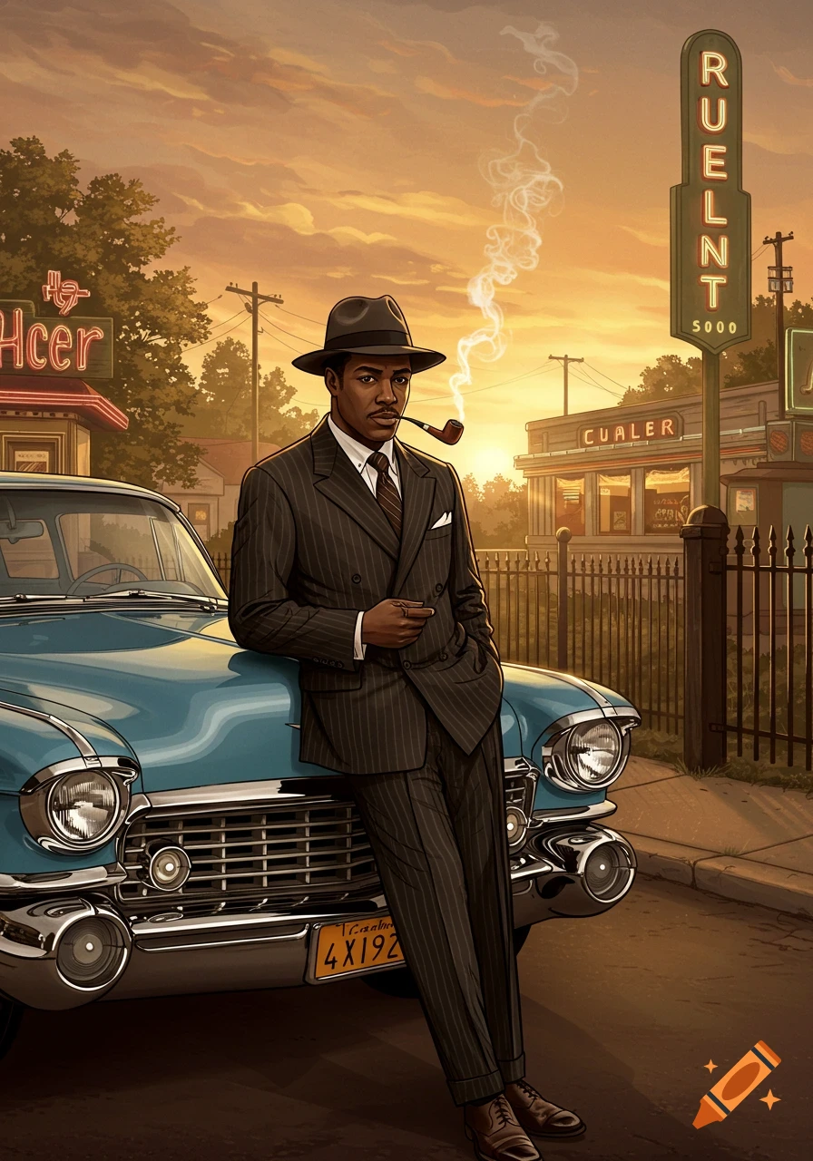 An illustration of a man in a pinstripe suit and fedora leaning on a vintage blue car, smoking a pipe, at sunset.