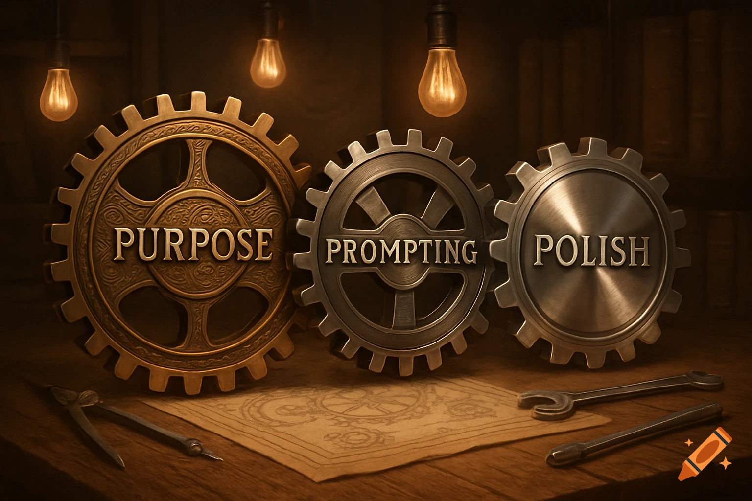 Three gears labeled 'PURPOSE,' 'PROMPTING,' and 'POLISH' on a desk with tools and glowing light bulbs in a steampunk style.