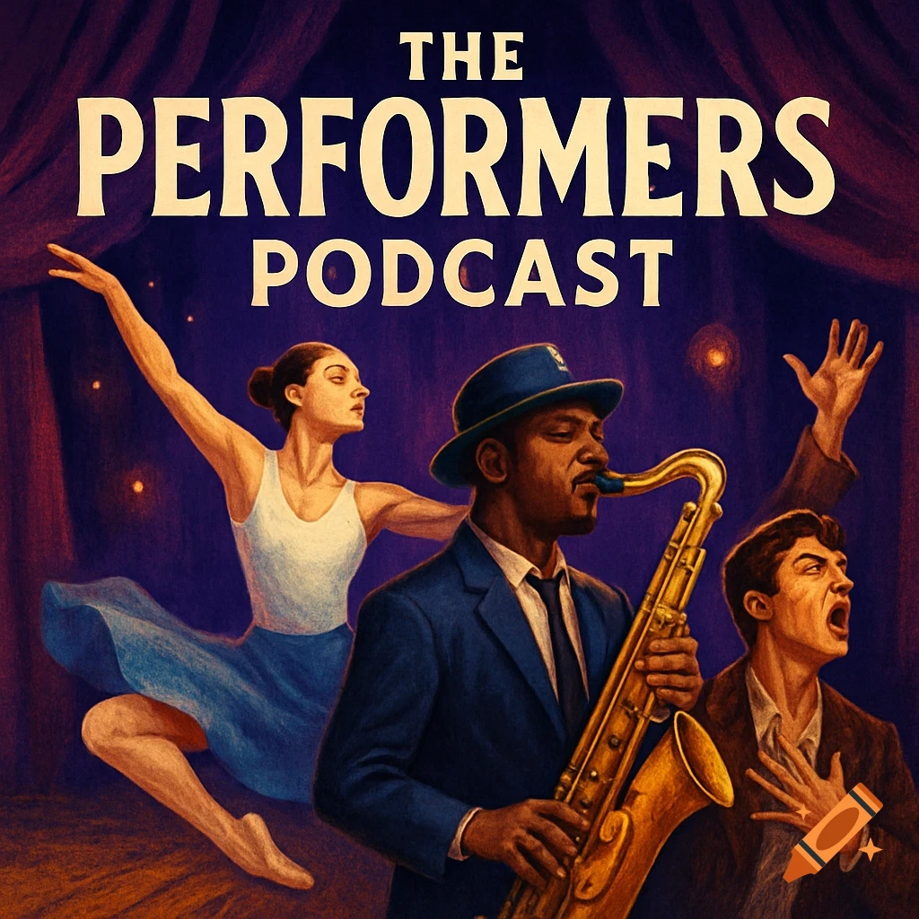 Painted illustration of a ballerina, a saxophonist, and a singer under "THE PERFORMERS PODCAST" text.