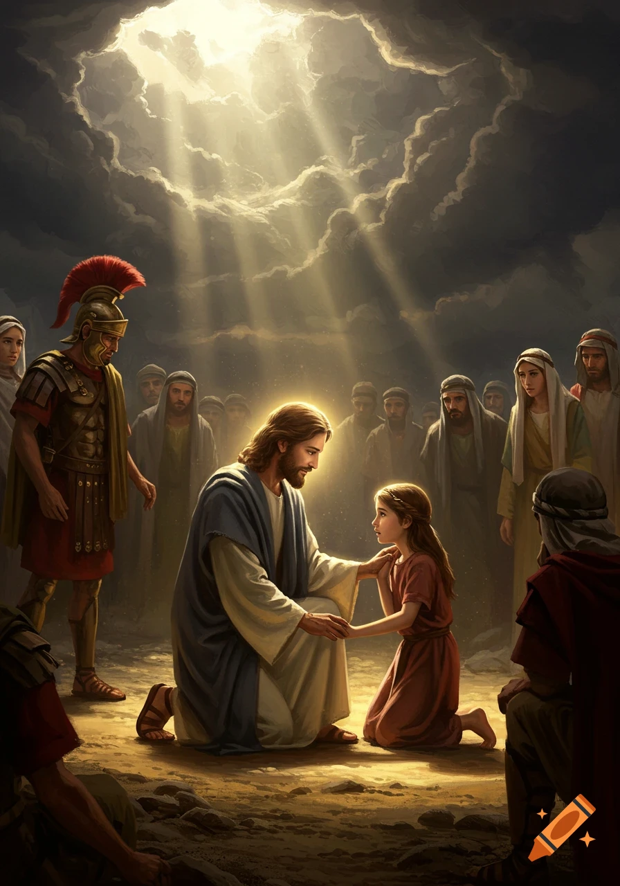 Jesus kneels before a young girl, holding her hands, as light streams from the clouds above. A Roman soldier and a crowd watch in this painterly scene.
