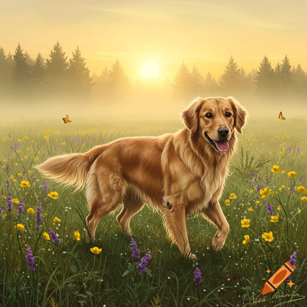 A golden retriever stands in a field of wildflowers with butterflies, bathed in the soft light of a misty sunrise.