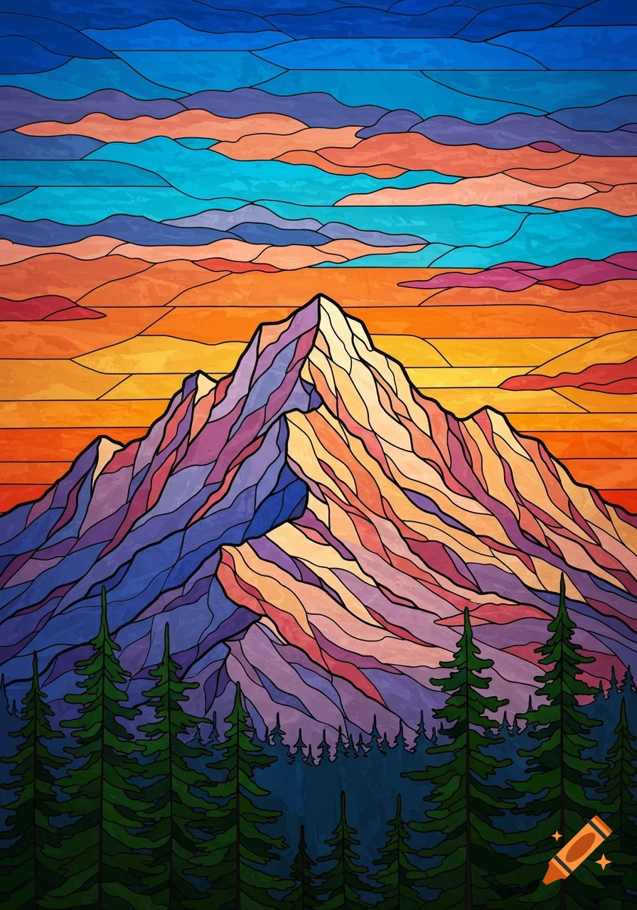 A vibrant stained glass art illustration of mountains and evergreen trees at sunset.