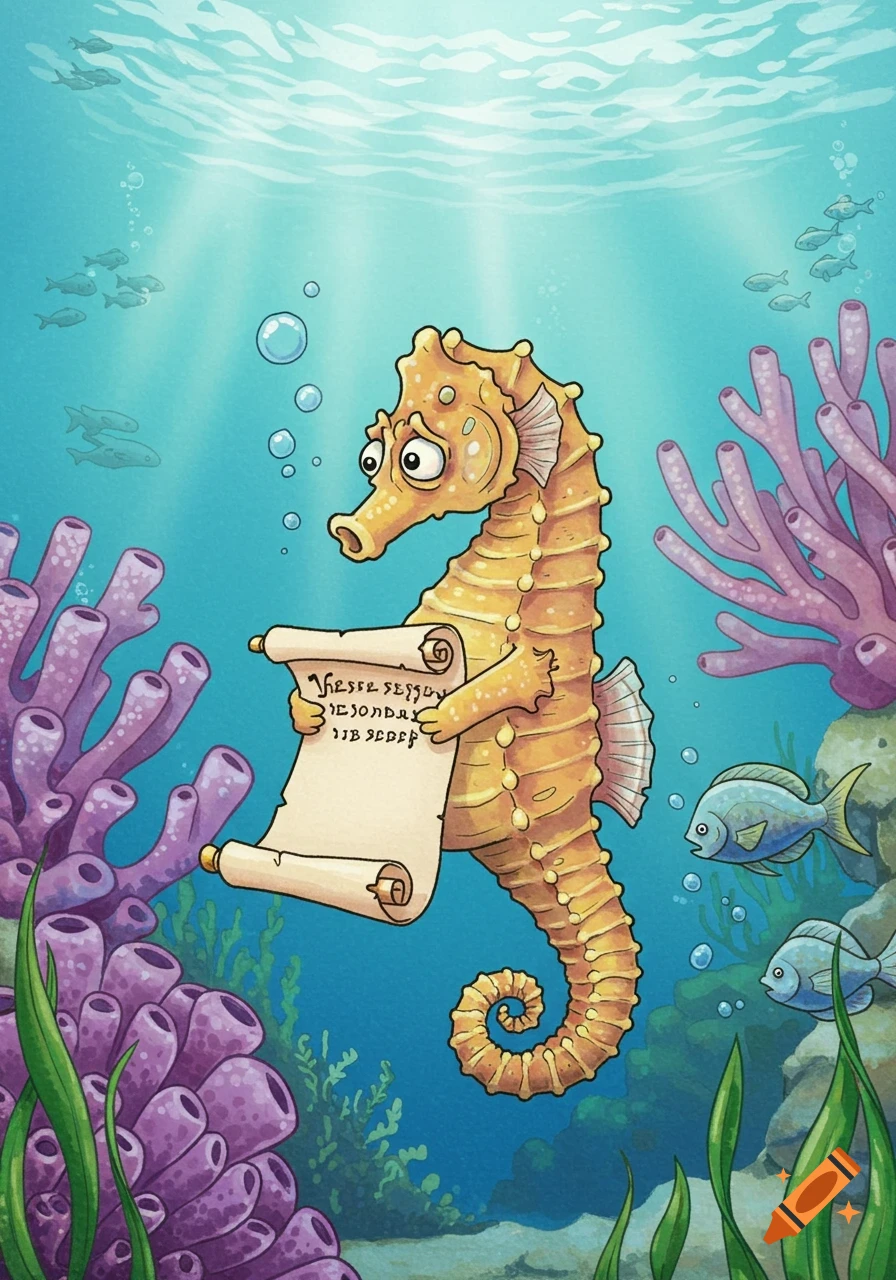 A cartoon seahorse holds a scroll with illegible text underwater, surrounded by purple coral and small fish.