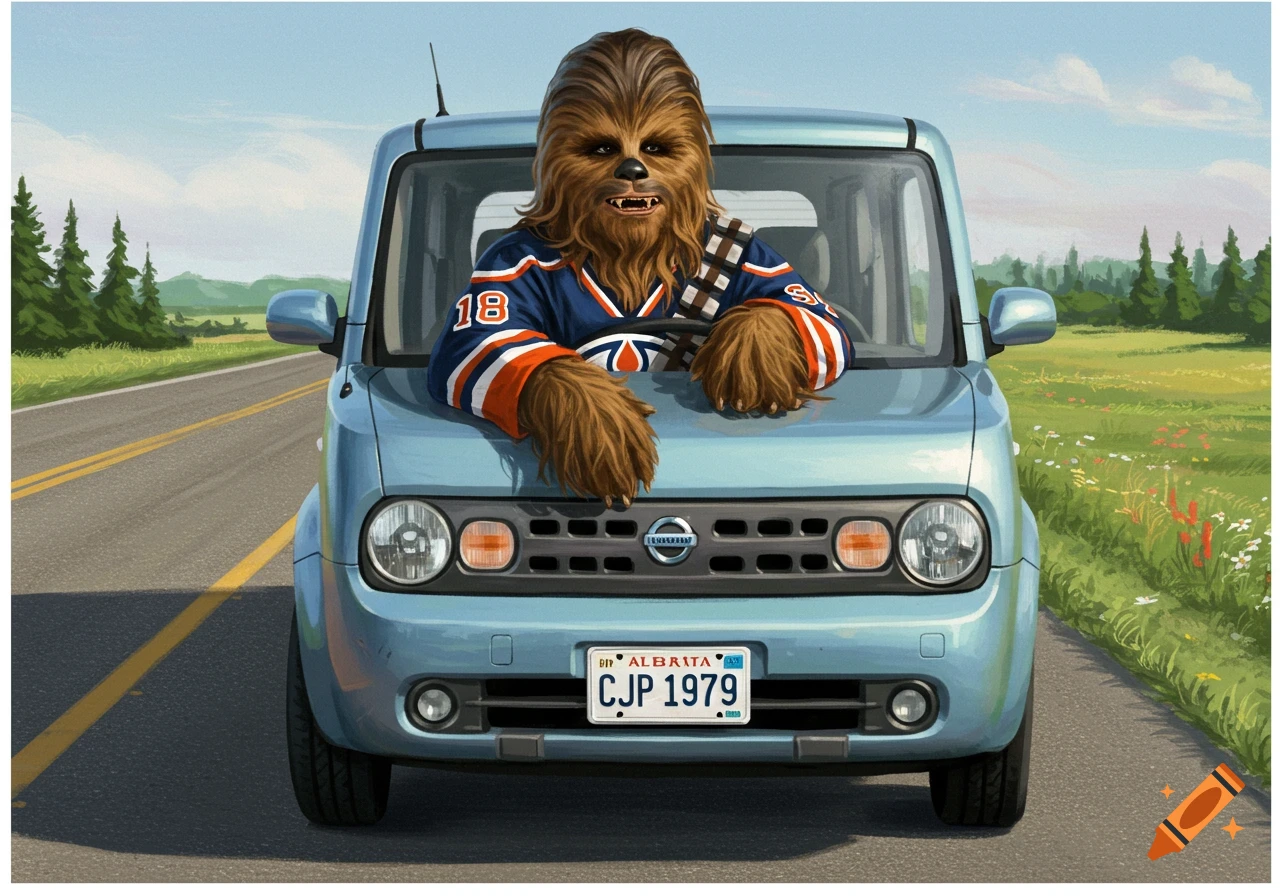 Chewbacca from Star Wars wearing a hockey jersey, driving a light blue Nissan Cube on a road.