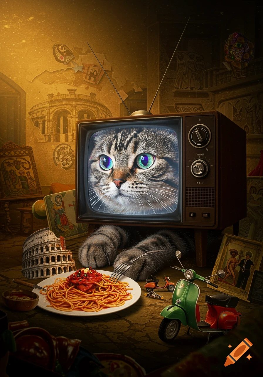 A surreal image of a tabby cat's head on an old TV, its paws reaching for spaghetti. Italian icons surround the scene.