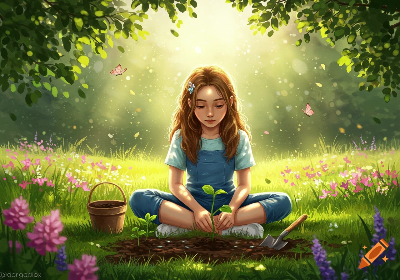 A young girl with long brown hair, wearing overalls, sits in a sunny meadow filled with flowers, planting a small green sprout. A bucket and shovel are nearby.