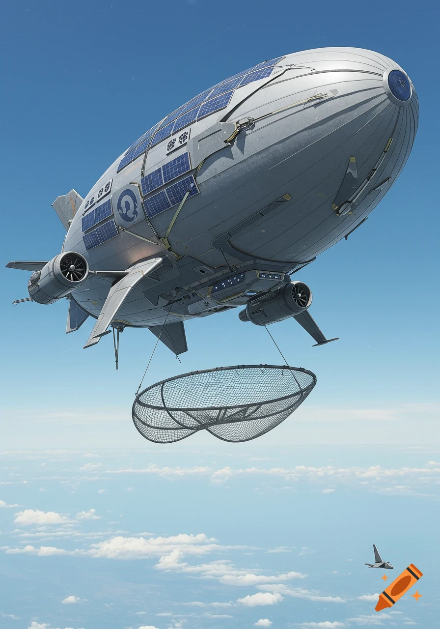 A futuristic, solar-powered airship with multiple propellers and a large mesh net suspended below, flying high above the clouds.
