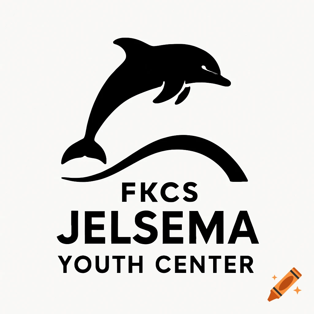 A black and white logo featuring a dolphin jumping over a stylized wave, with the text "FKCS JELSEMA YOUTH CENTER" below.