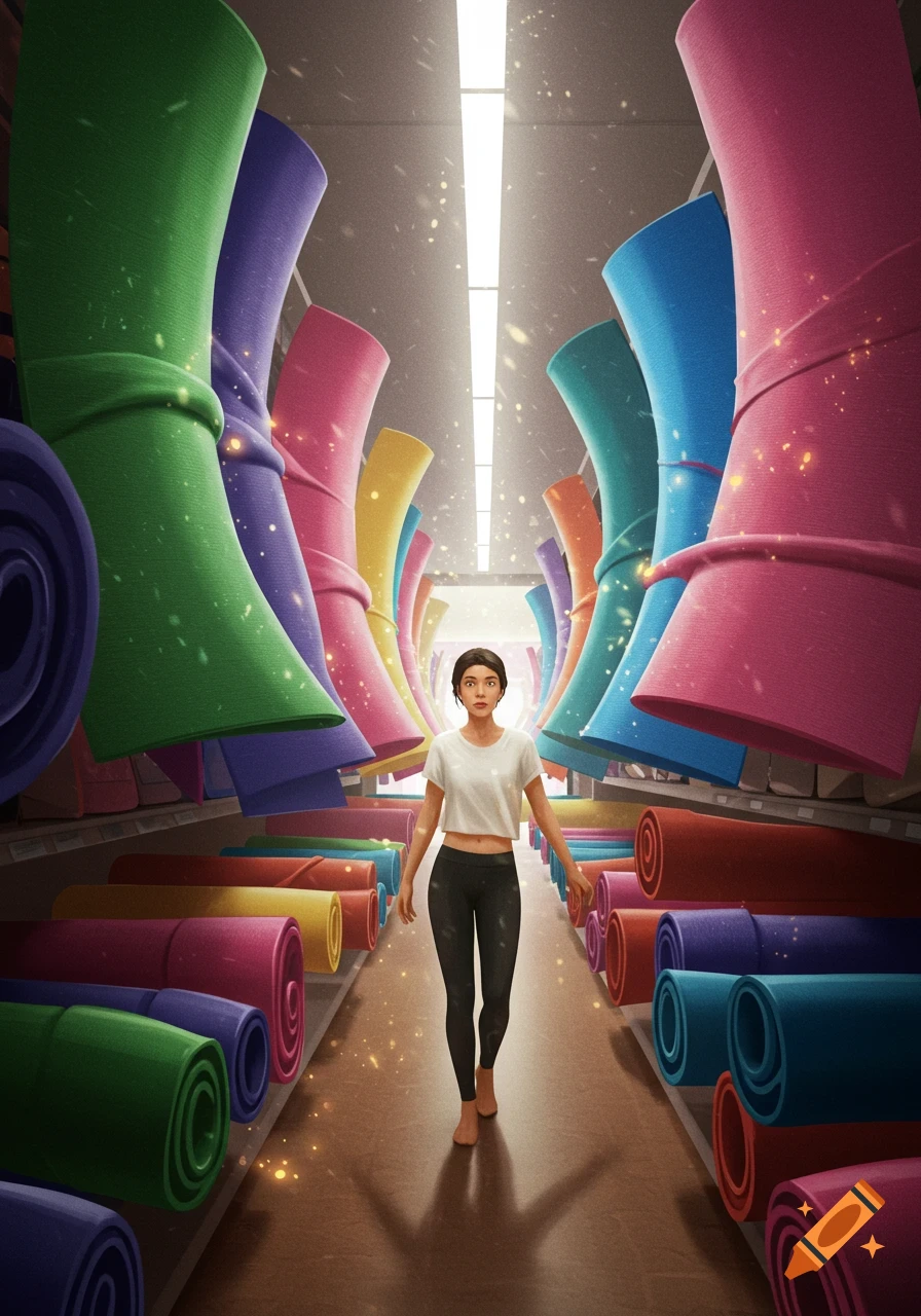 A woman in athletic wear walks barefoot down an aisle of colorful, large yoga mats in a vibrant, stylized store.