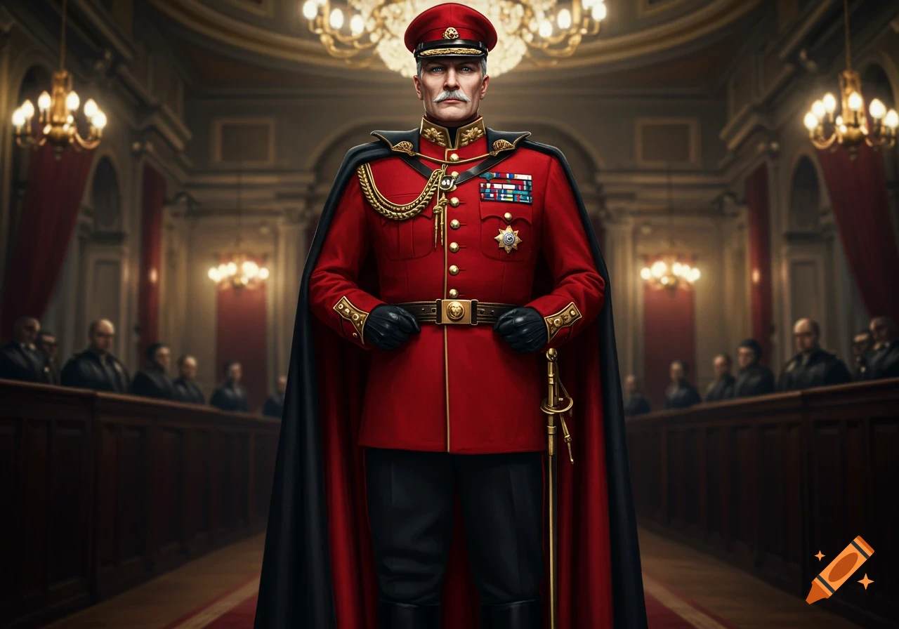 Photorealistic portrait of an intimidating man with a mustache in a red military uniform, black cape, and hat in a grand hall.