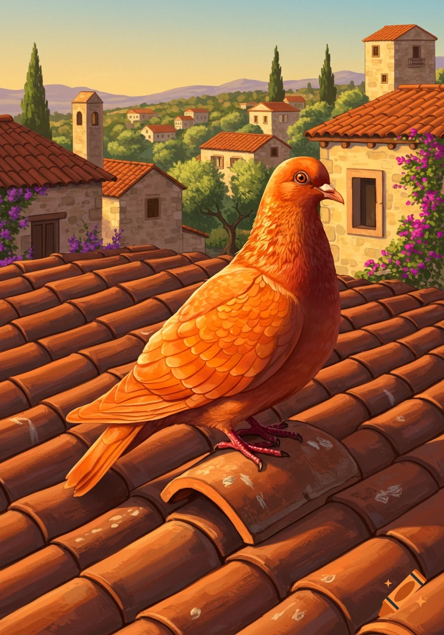 An orange pigeon sits on a terracotta tiled roof overlooking a scenic village with stone houses and green trees, in an illustrative style.