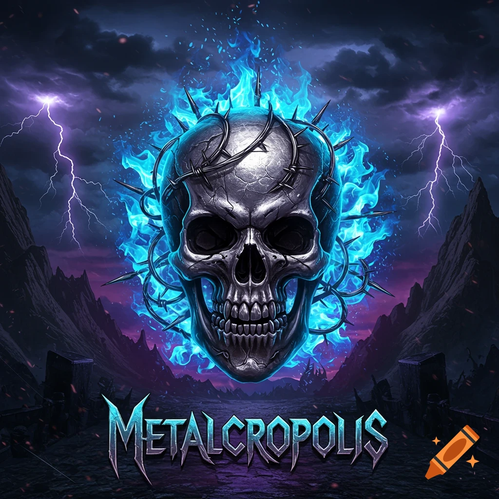 A metallic skull with blue flames and barbed wire, set against a stormy sky with lightning, featuring the text 'METALCROPOLIS'.