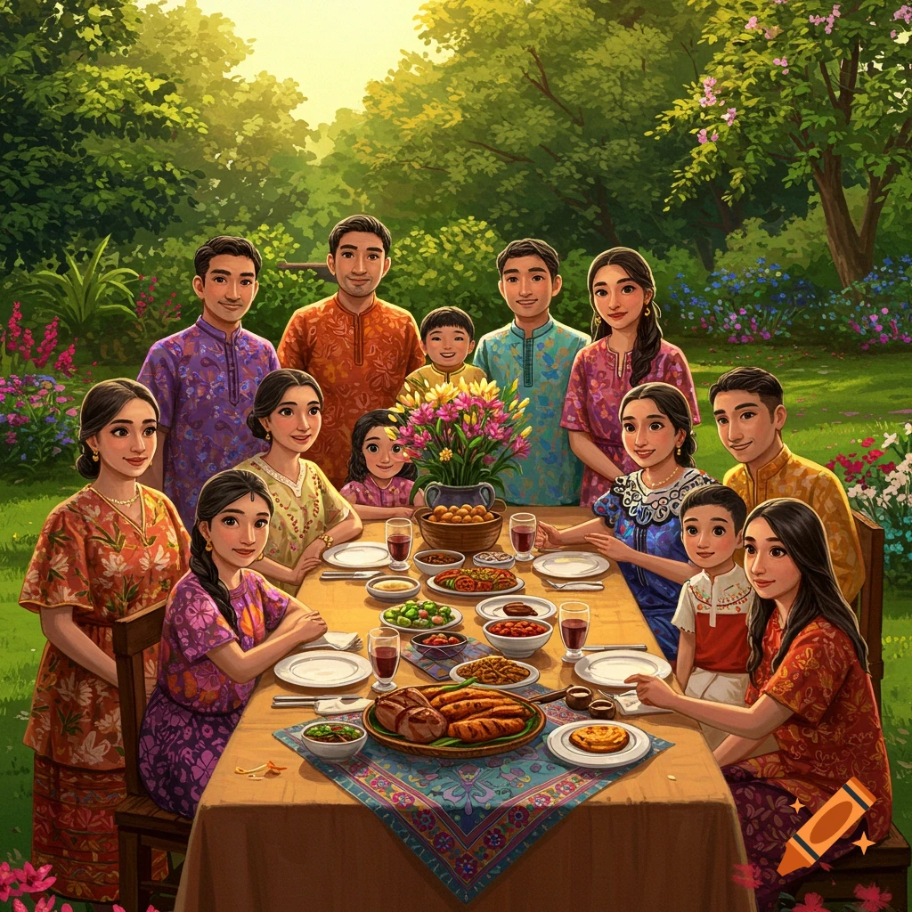 A large family in colorful traditional attire gathers around a long table laden with food for an outdoor meal in a lush green garden, in a digital painting style.