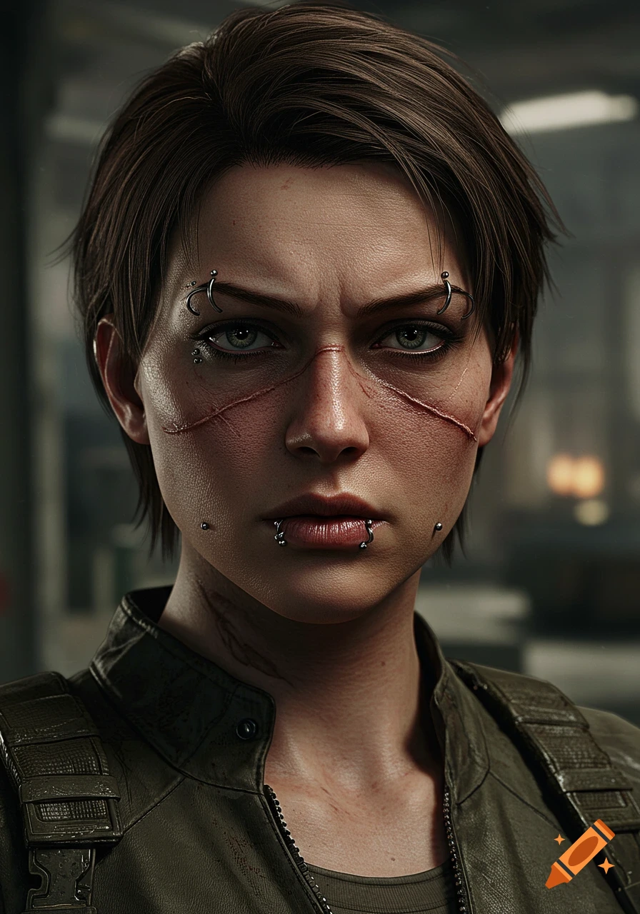 Photorealistic close-up portrait of a woman with short brown hair, facial scars, and piercings, wearing a military-style jacket.