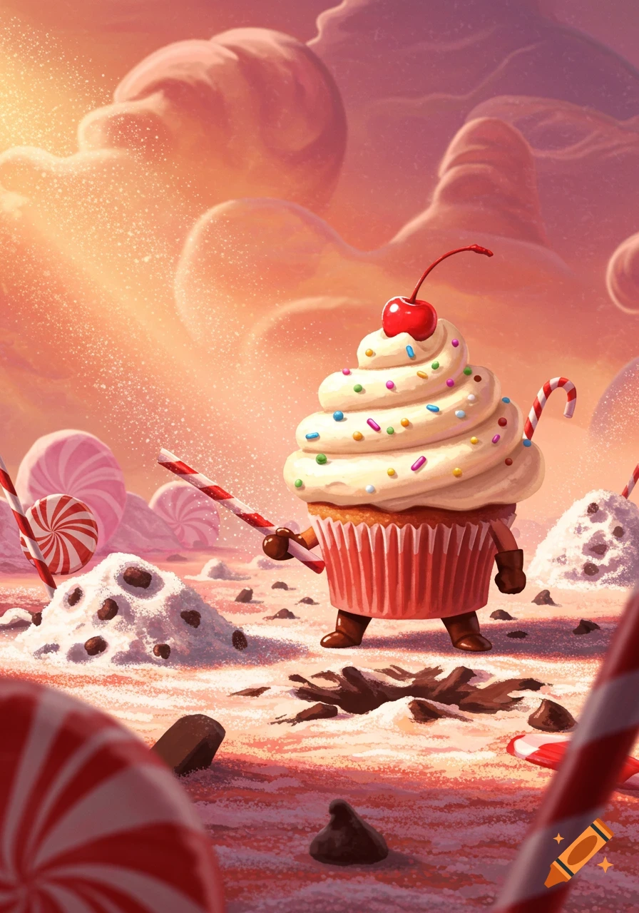 A cartoon cupcake character with arms and legs, holding a candy cane, stands in a candy-land landscape with giant lollipops and candy mountains under an orange sky.